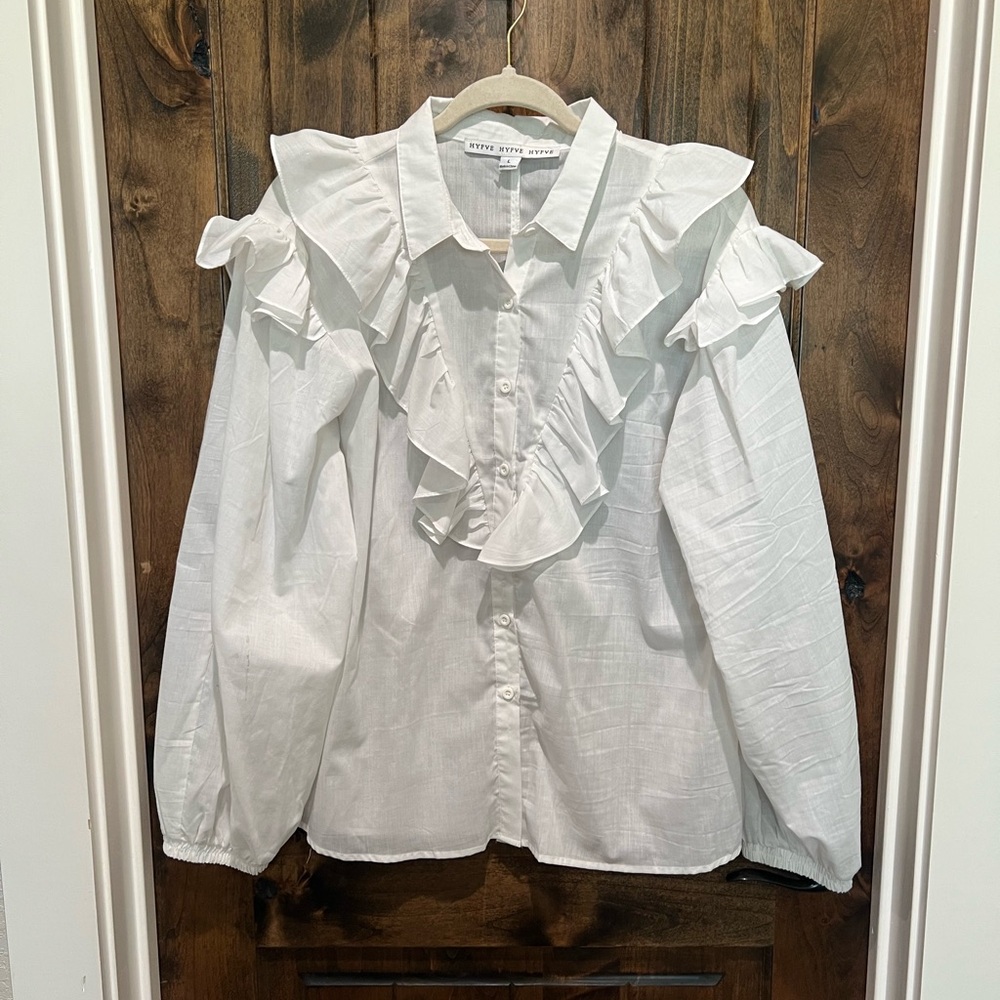 Long sleeve white ruffle button up